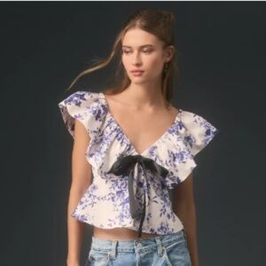 NWT By Anthropologie Bubble-Sleeve Floral Printed Blouse w/ Bow SIZE M